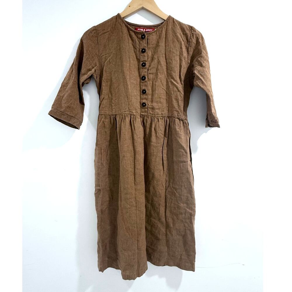 PYNE & SMITH brown caramel button front tie back flax linen No 14 (?) altered*
